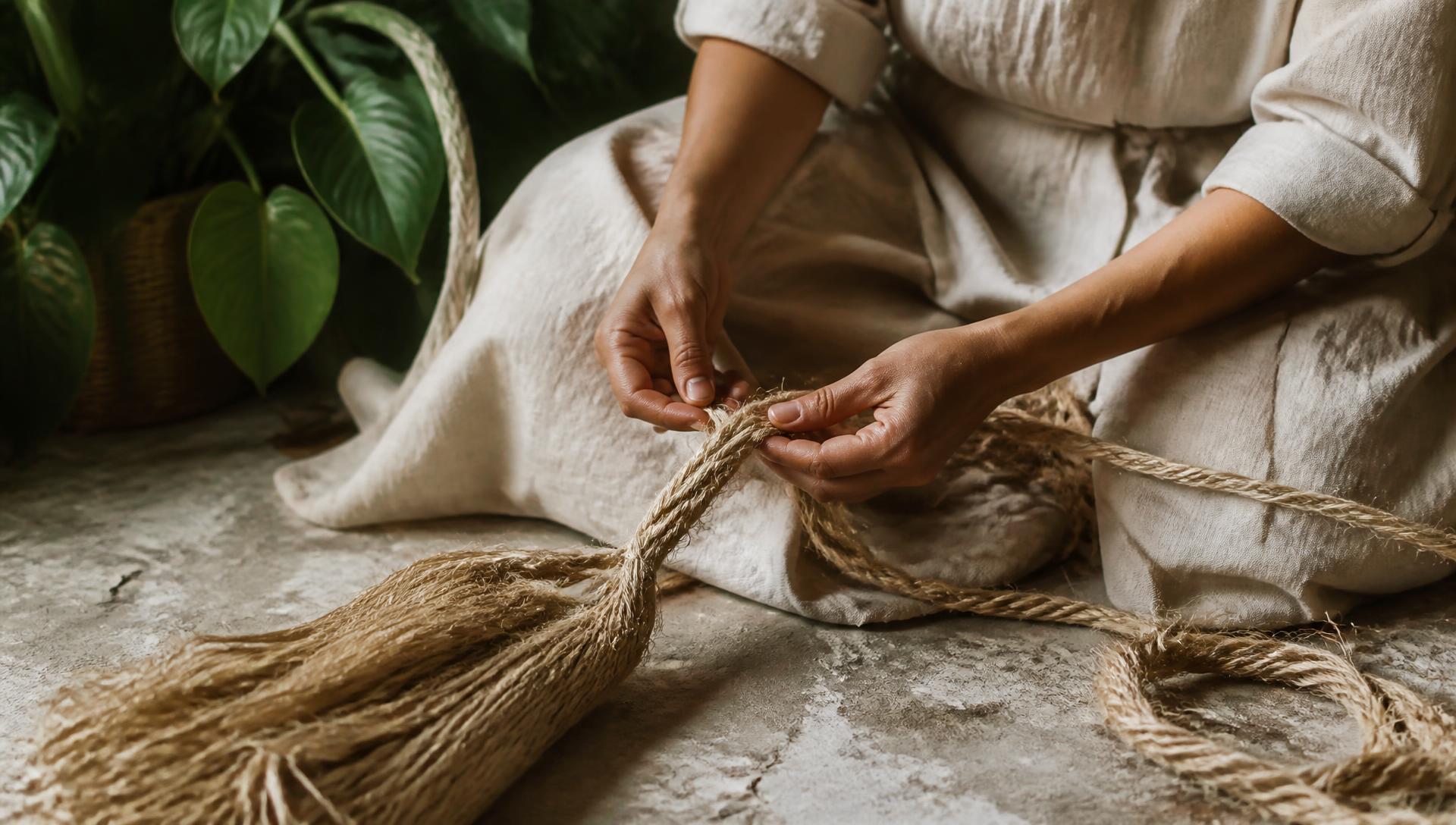 Hands twisting raw hemp fibre into rope on a concrete surface